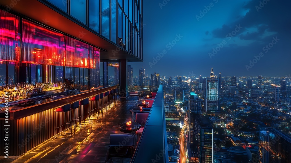 Fototapeta premium Stylish rooftop bar with vibrant lighting overlooking a city skyline at night.