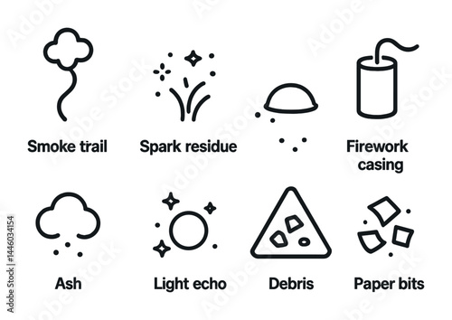Fireworks celebration icons set – outline style festival and party symbols for event planning: smoke trail, spark residue, firework casing, ash, light echo, debris, paper bits