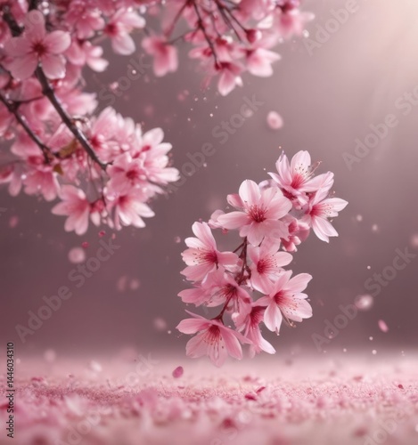 Abstract pink sakura petals softly falling against a dreamy, blurred background ,  flora,  nature