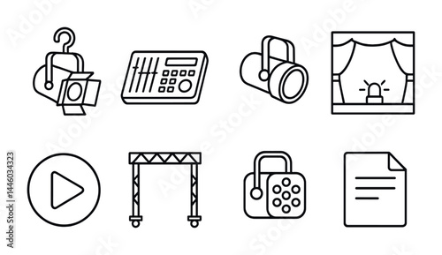 Theater and stage equipment icon set – outline style for performance, production, and entertainment: spotlight, mixer, curtain, play button, truss, lock, document.