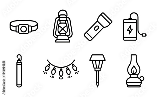 Camping and outdoor lighting icon set - outline style for hiking, adventure, and night gear essentials: headlamp, lantern, flashlight, power bank, glow stick, string lights, solar torch, oil lamp
