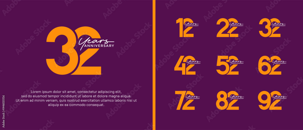 set of anniversary logo flat yellow color on purple background for celebration moment set of anniversary logo flat yellow color on purple background for celebration moment