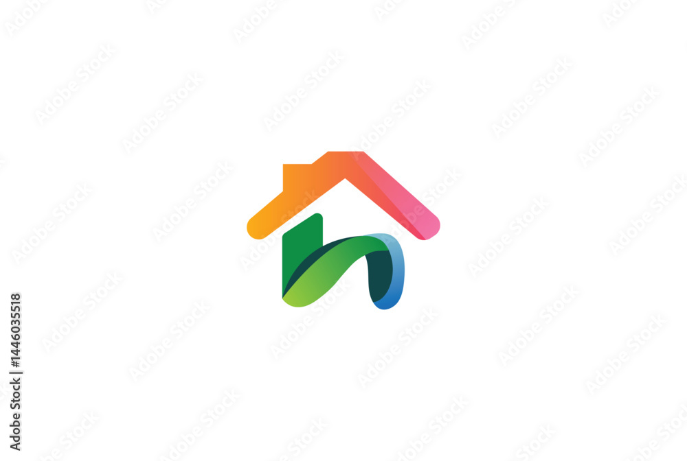 Colorful House-Shaped Logo with Abstract Green Elements Colorful House-Shaped Logo with Abstract Green Elements