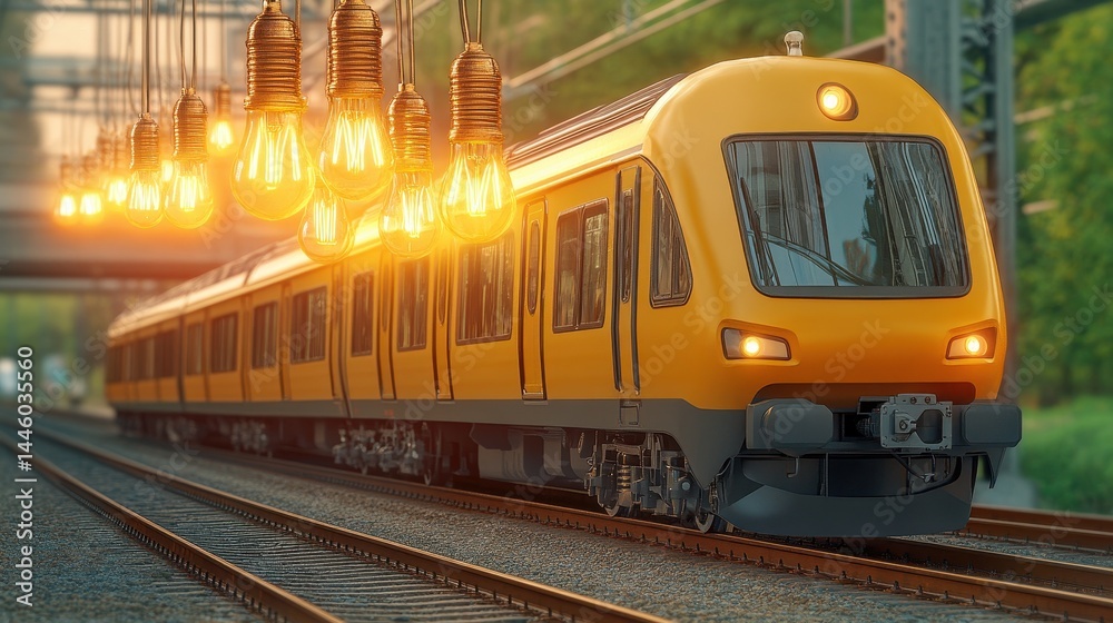 Fototapeta premium A yellow passenger train travels on a railway track under a bridge with hanging incandescent light bulbs glowing warmly. The scene is set outdoors in