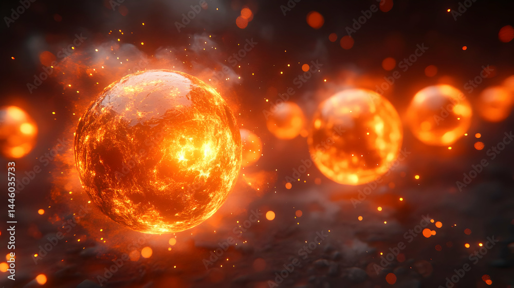 Obraz premium Glowing Orange Spheres in Dark Abstract Background
