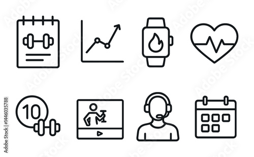 Fitness and health outline icons – linear workout, digital wellness, and gym symbols for active lifestyle: dumbbell, smartwatch, heart rate, calendar, graph, trainer