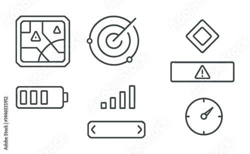 Navigation and alerts linear icon set – outline style gps, tracking, and warning symbols for digital applications: map, radar, alert, battery, signal, compass, indicator.
