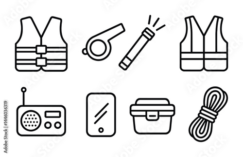 Emergency preparedness line icons set – outline style essentials for safety and survival: life vest, whistle, flashlight, radio, rope, emergency kit, phone, storage box.