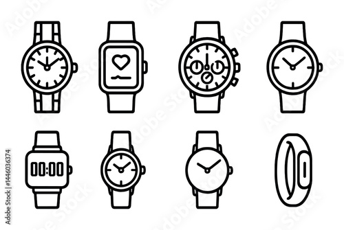 Wristwatch icons set – outline style timepieces, smartwatches, and chronographs for ui/ux design: analog watch, digital watch, smartwatch, chronograph, fitness tracker, classic watch, sport watch,