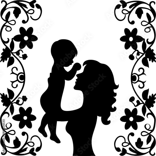  Mother and Baby Silhouette with Floral Border Vector