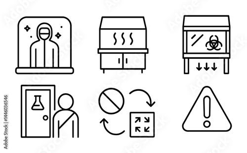 Laboratory safety icons set – linear outline style for research, hazard, and protection: biosafety cabinet, fume hood, isolation, caution symbol, protective suit, chemical alert