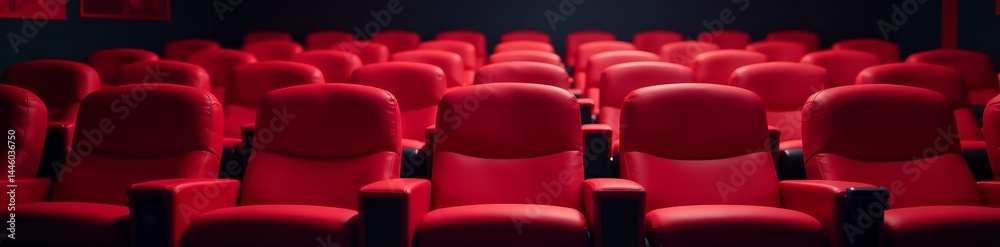 Obraz premium Comfortable red theater seat in empty cinema room, room, comfortable, cinema
