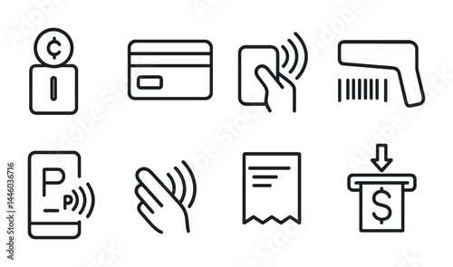 Payment and finance line icons – outline style for digital transactions, banking, and cashless systems: currency symbol, credit card, contactless hand, barcode scanner, mobile payment, nfc wave,