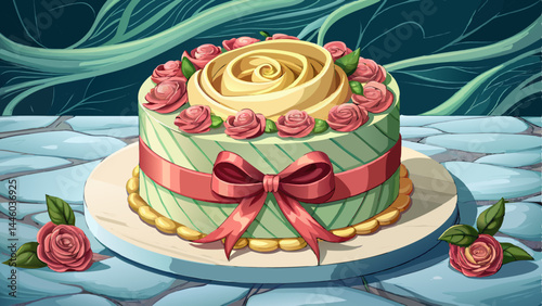 Elegant cake infused with rose, kissed by pistachio crunch.
Buttercream ribbons wrap each layer with softness.
Resting gently on polished marble, pure and refined.
A visual treat for luxury food vecto