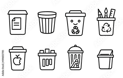 Office and workplace outline icons set – linear style stationery, organization, and productivity symbols for efficient planning: document bin, trash can, recycling container, pen holder, apple waste,