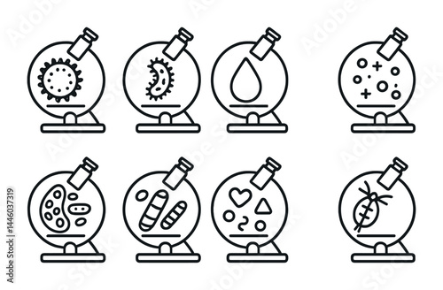 Microbiology outline icon set – linear style science, laboratory, and research symbols: bacteria, virus, cell, dna, petri dish, microscope, blood test, microbe
