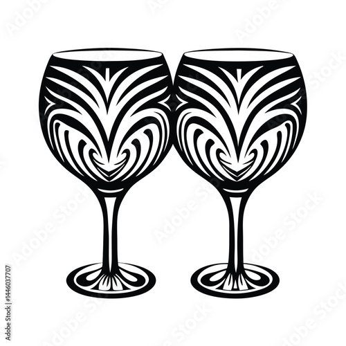 Stylized Wine Glasses Black Silhouette | Intricate Floral Pattern on Clear White Background