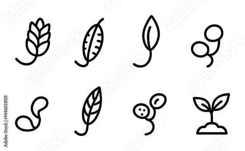 Organic plants outline icons – flat style eco-friendly, botanical, and green symbols for sustainable living: wheat, leaf, seedling, beans, branch, sprout, berries, herb