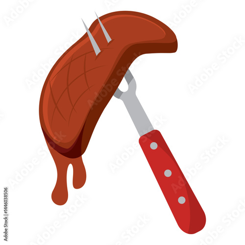 Fork with dripping steak. Vector
