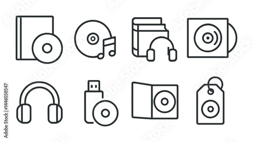 Music and audio line icons set – outline style for streaming, playback, and media library: cd, headphones, usb, album, earbuds, music note, tag.