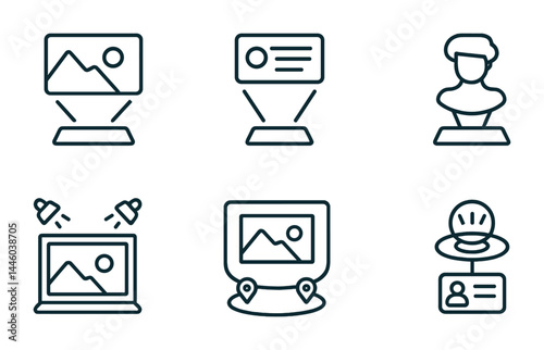 Art gallery outline icons – linear style for museum, exhibition, and curator themes: painting, sculpture, spotlight, frame, studio, map, information desk.