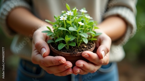 Wallpaper Mural A pair of gentle hands cradle a lush, vibrant green plant with delicate white flowers, its leaves sprouting from a small pot, nestled comfortably in the palms, conveying a sense of care and nurturing, Torontodigital.ca