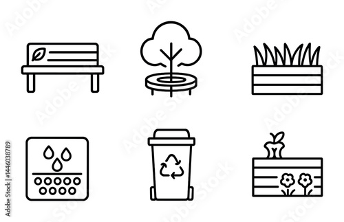 Eco-friendly sustainability icons set – outline style nature conservation and green living symbols: bench, tree, grass, water, recycle, planter
