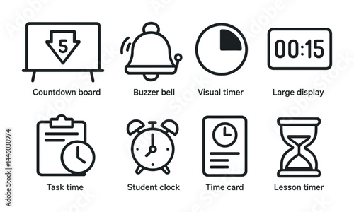 Timed activities outline icon set – linear style for efficiency and organization: countdown board, buzzer bell, visual timer, large display, task time, student clock, lesson timer