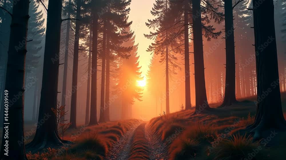 Sunlit forest path winds through tall pine trees, painted with golden morning light, atmospheric and serene mood in a natural woodland setting