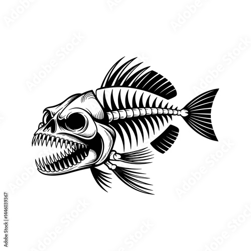 Sinister Silhouette: A bold monochrome artwork depicts a stylized skeleton of a menacing fish, with sharp teeth. It is a compelling visual, evoking a sense of intrigue and the wild side of nature.