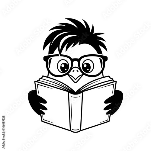 Bird Reading Book: This cute cartoon bird wearing glasses is engrossed in a book.  Its big eyes and focused expression show that the bird is fully absorbed in its reading.