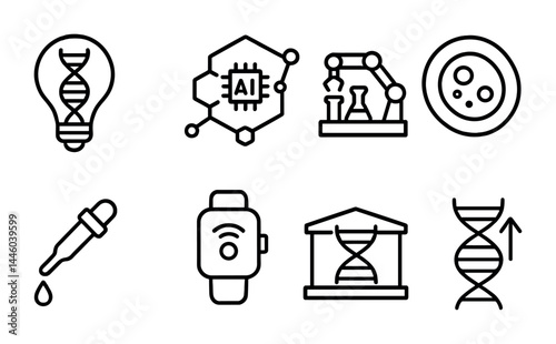Biotechnology and science outline icon set – linear style genetics, innovation, and lab symbols for research and development: dna, ai chip, robot arm, petri dish, dropper, smart watch.