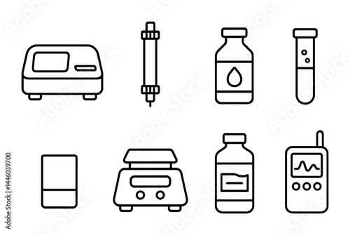 Medical equipment icons set – outline style healthcare, laboratory, and clinical tools symbols: analyzer, syringe, vial, test tube, fridge, scale, dosage, monitor.