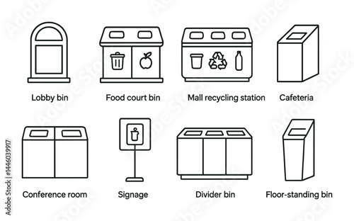 Public spaces waste management icons – line style recycling and trash bin symbols for sustainability: lobby bin, food court bin, mall recycling station, cafeteria, conference room, signage, divider