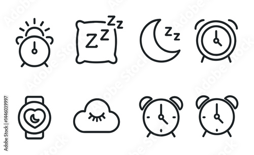 Sleep and relaxation outline icon set – linear style bedtime, rest, and calm symbols for wellness: alarm clock, pillow, moon, cloud, sleep tracker, eye mask.
