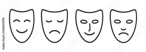 Theater and drama line icons set – outline style for performing arts, stage and culture visuals: comedy mask, tragedy mask, script, spotlight, director's chair, ticket, stage curtain