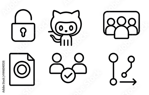 Technology and collaboration outline icons – linear style for digital networking and teamwork: lock, repository, group, file, partnership, flowchart, process.