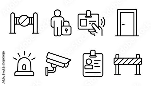 Security and access control icons set – outline style safety, surveillance, and identification symbols for security solutions: turnstile, guard, id card, door, alarm, camera, badge, barrier.