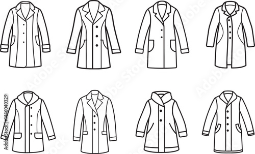 set of coat line art, black outline, vector and illustration, coloring book page line art drawing