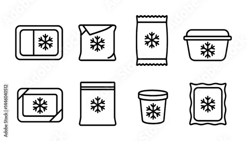 Frozen food packaging icons – outline style grocery, preservation, and freezing symbols: ice pack, freezer bag, container, frozen meal, ice box, chilled tub, pouch