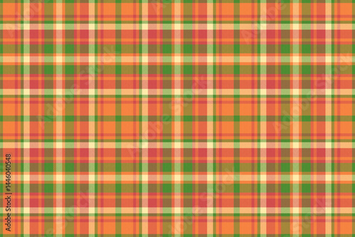 Vibrant autumnal plaid pattern in warm oranges, greens, and creams.  Perfect for fallthemed designs, textiles, website backgrounds, or packaging.