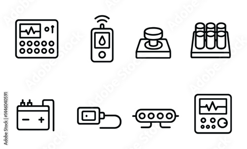 Medical equipment outline icon set – linear style health, hospital, and diagnostic symbols for healthcare apps: ecg monitor, glucose meter, centrifuge, test tubes, battery, sensor device