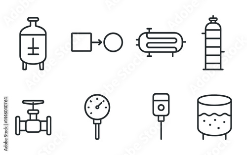 Industrial manufacturing outline icons – linear factory and machinery symbols for production: tank, process, heat exchanger, column, valve, gauge, sensor, reactor.