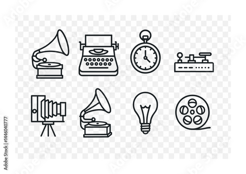 Vintage technology icons set – outline style retro gadgets, communication, and media symbols: gramophone, typewriter, stopwatch, telegraph, camera, light bulb, film reel