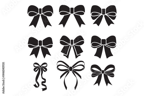 Set of black ribbon bow silhouettes vector illustration collection isolated on white background for decoration, gift wrap, fashion design, festive packaging, wedding, and craft elements