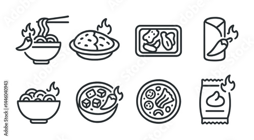 Spicy food icon set – outline style culinary, hot cuisine, and flavor symbols for asian street food: noodles, curry, bento box, burrito, ramen, kimchi, chips.