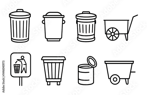 Waste management and recycling icons set – outline style eco-friendly symbols for sustainability projects: trash bin, recycle bin, wheelbarrow, waste sign, metal can, dumpster.