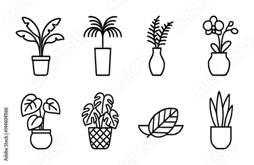 Indoor plant icon set – outline style nature, greenery, and home decor symbols: palm, orchid, monstera, banana plant, fern, leaf, vase, potted plant