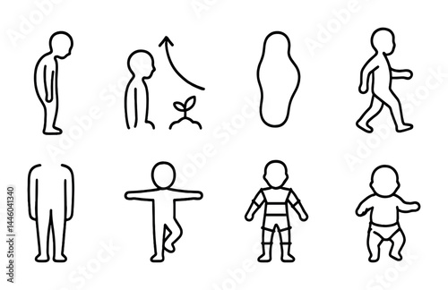 Human growth and development icons set – outline style for biology, education, and anatomy: adult, progression, seedling, ghost, stride, figure exercise, baby, child.