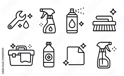 Cleaning supplies outline icons set – linear style for housekeeping, sanitation, and maintenance: wrench, spray bottle, cleaner, brush, toolbox, detergent, cloth.